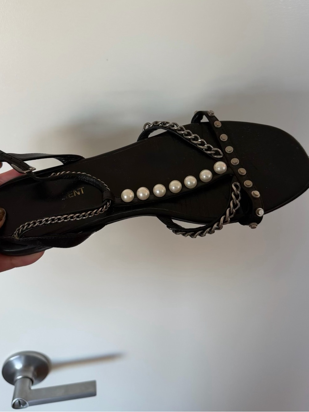 Saint Laurent Pearl Chain Black Studded T-Strap Flat Sandal Size 38